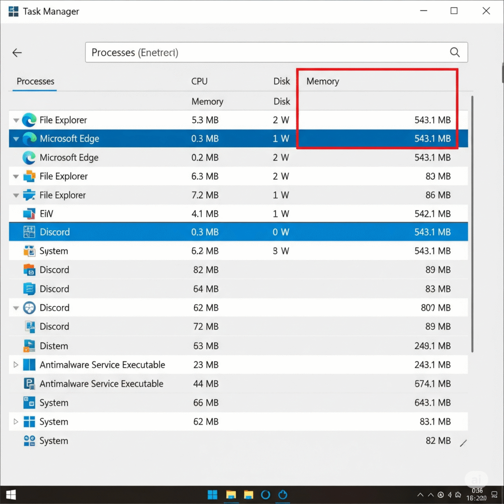 Task Manager menampilkan penggunaan memori laptop lemot