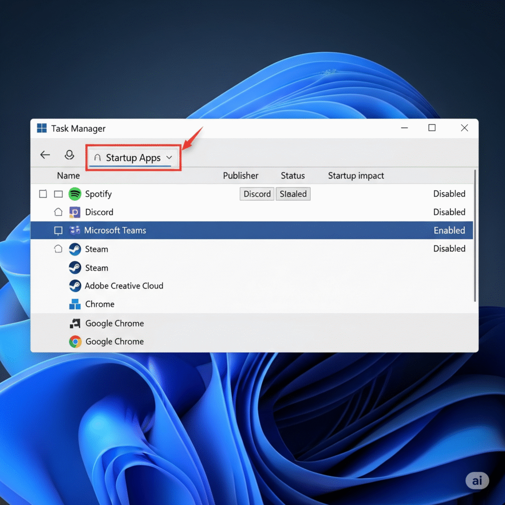 Mengatasi laptop lemot dengan menonaktifkan program di tab Startup Apps pada Task Manager.