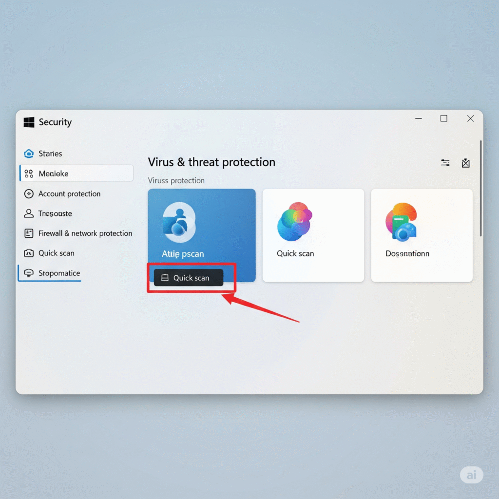 Melakukan Quick Scan di Windows Security untuk membersihkan virus penyebab laptop lemot.
