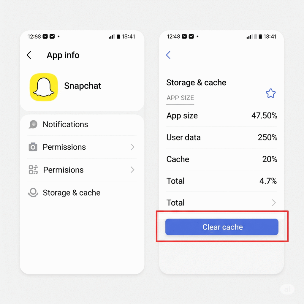 Screenshot cara clear cache di HP Android untuk mengatasi HP lemot melalui menu App Info dan Storage.