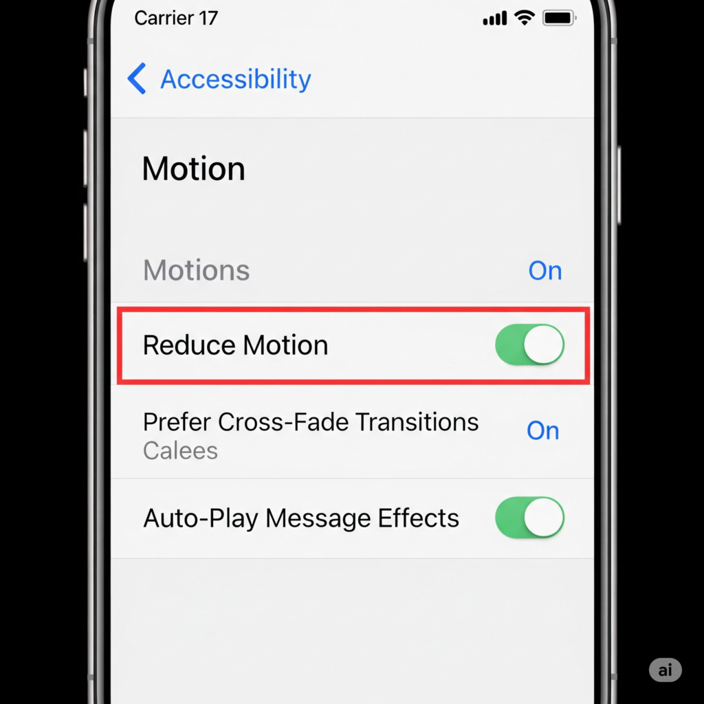 Screenshot cara mengaktifkan Reduce Motion di Pengaturan iPhone untuk mengatasi HP lemot.