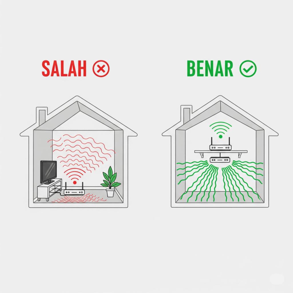 Infografis posisi kotak WiFi atau router yang baik dan buruk untuk sinyal kuat ( cara mengatasi sinyal WiFi lemot)