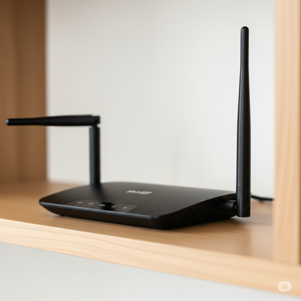 Posisi antena router yang benar, satu vertikal dan satu horizontal, untuk sinyal WiFi maksimal.