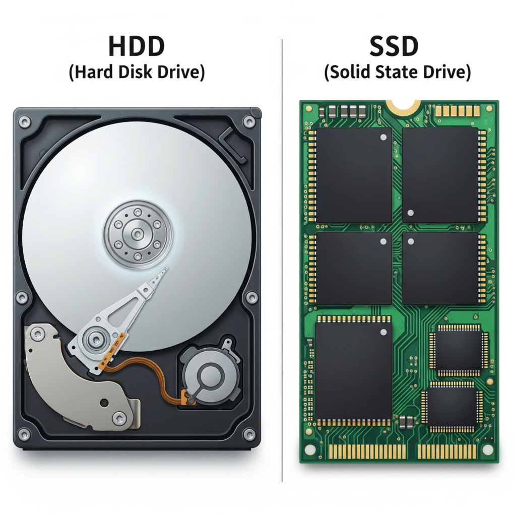 Perbandingan visual antara komponen internal HDD dengan piringan mekanik dan SSD dengan chip memori elektronik. Menjelaskan perbedaan SSD dan HDD.