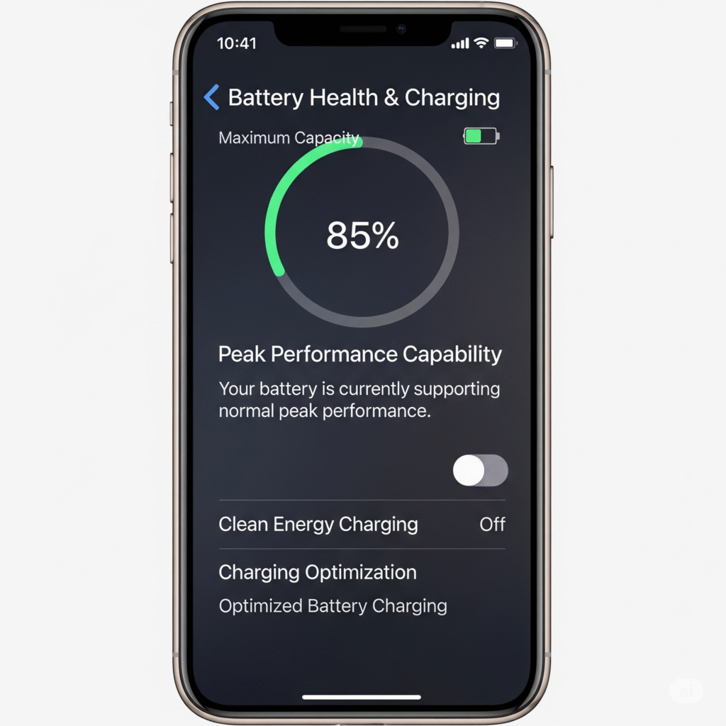 Tampilan menu Kesehatan Baterai di iPhone, penting untuk diperiksa saat baterai HP cepat habis.