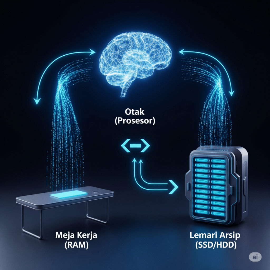 Infografis penjelasan apa itu RAM dengan analogi meja kerja, prosesor sebagai otak, dan SSD/HDD sebagai lemari arsip.