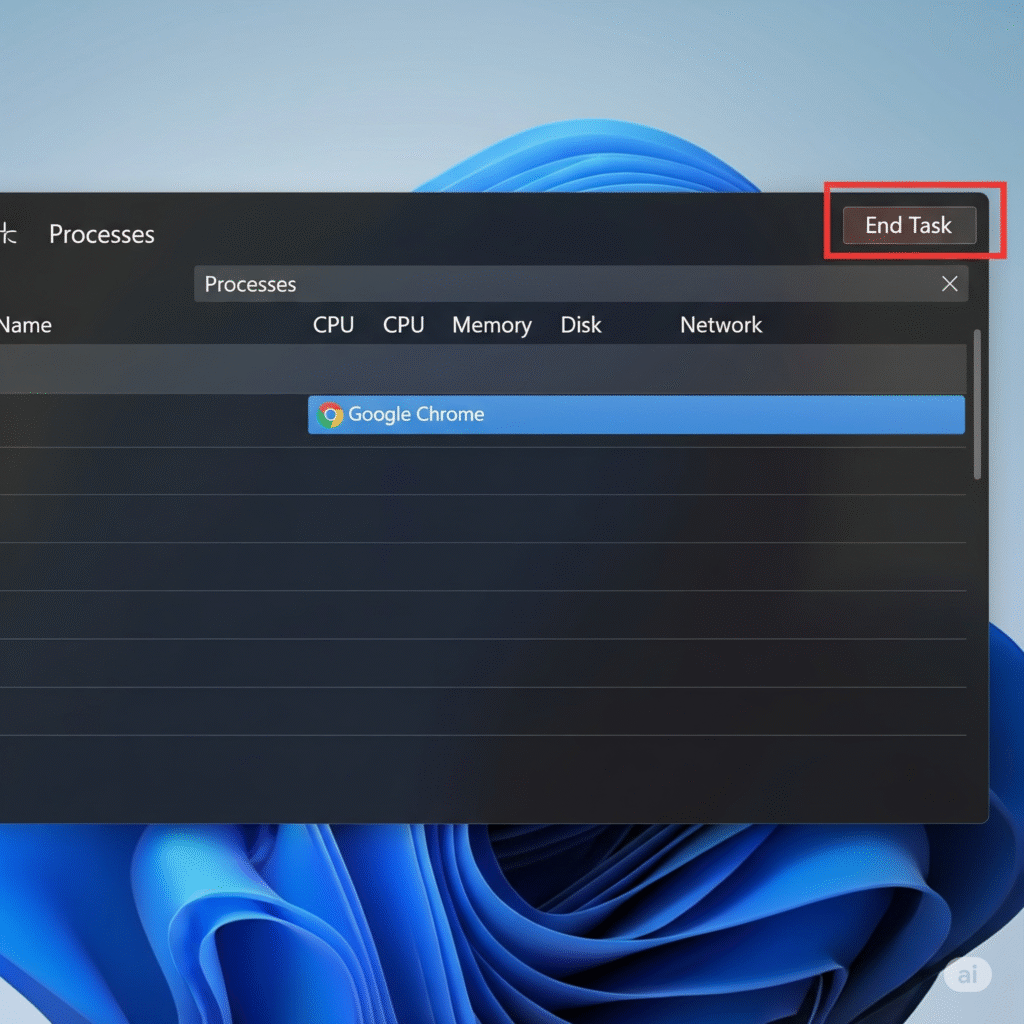 Cara mengatasi Google Chrome not responding dengan menutup paksa prosesnya melalui Task Manager di Windows.