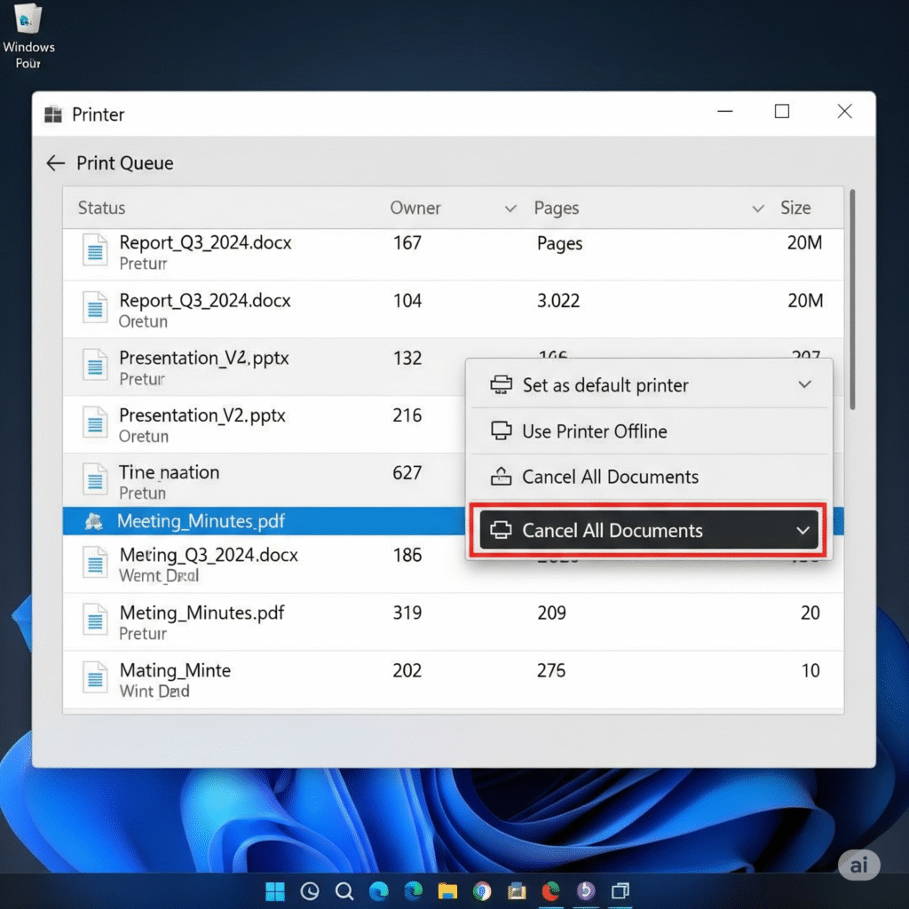 Cara mengatasi printer tidak mau mencetak dengan membersihkan semua dokumen di antrian cetak (print queue) Windows.