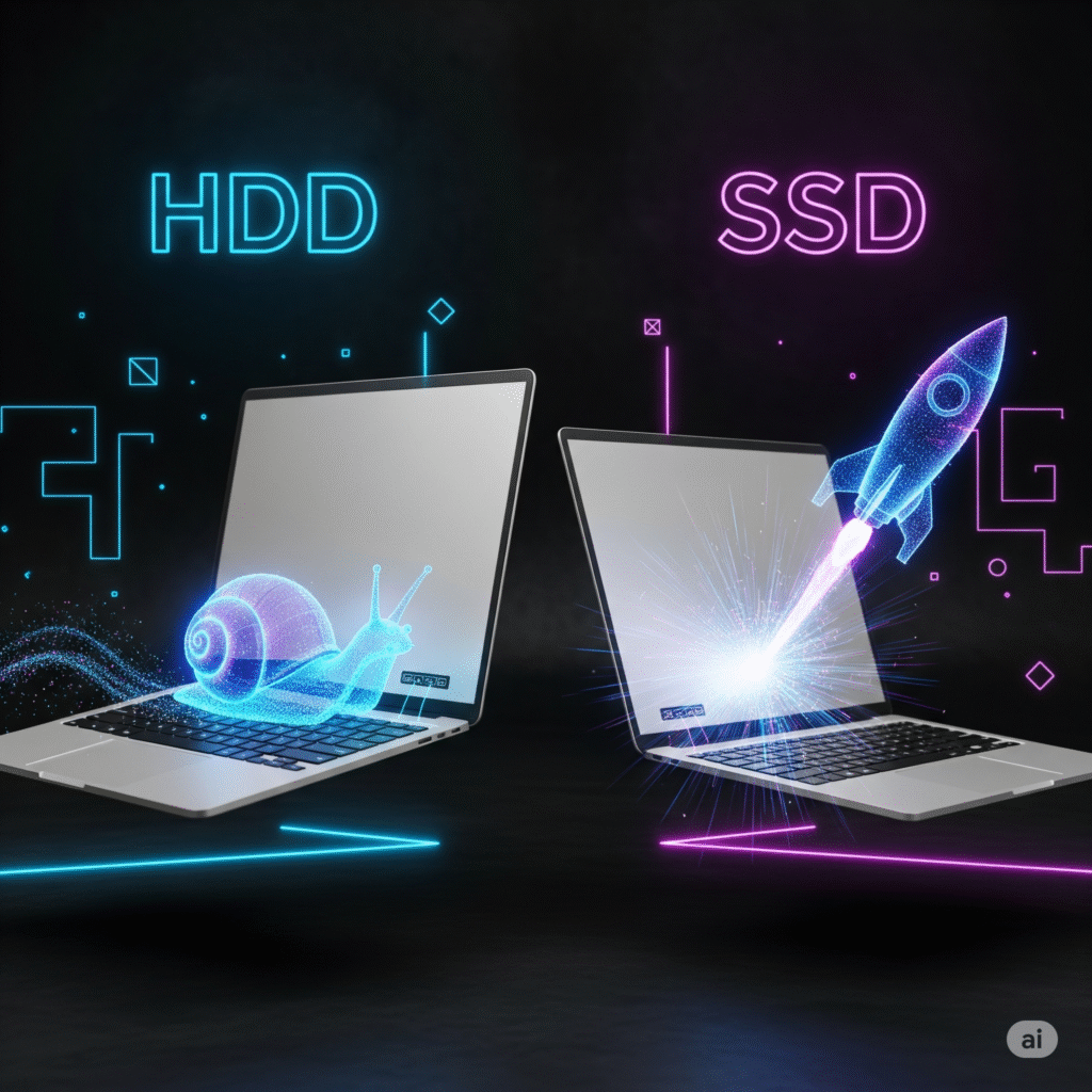 Infografis perbandingan kecepatan SSD dan HDD, spek laptop mahasiswa yang paling penting untuk performa cepat.