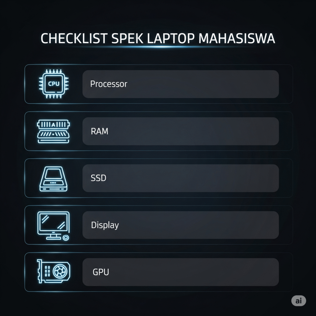 Checklist visual spek laptop mahasiswa tahun 2025 yang direkomendasikan, dari prosesor hingga layar.