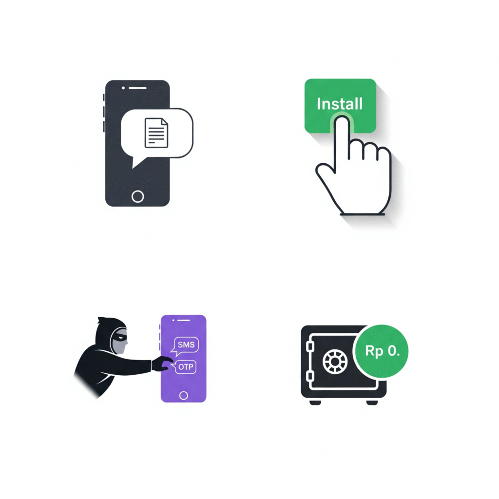 Infografis yang menjelaskan apa itu phishing melalui contoh modus penipuan undangan APK di WhatsApp.