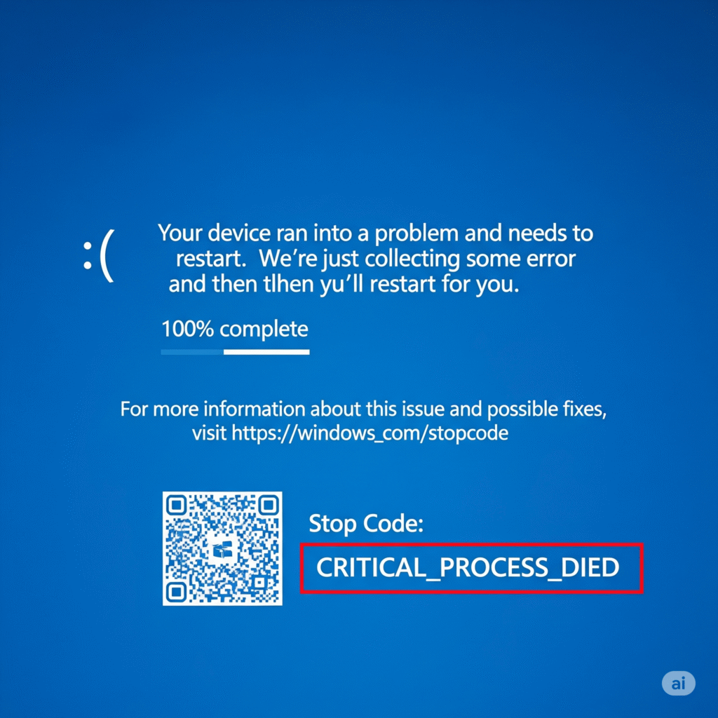Contoh layar biru atau Blue Screen of Death (BSOD) di Windows yang menunjukkan lokasi Stop Code, langkah awal cara mengatasi blue screen.