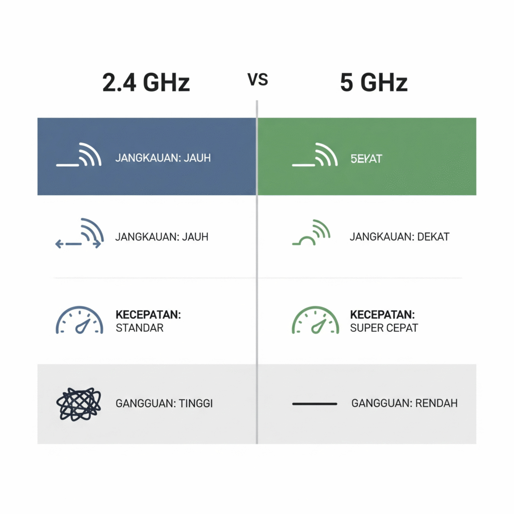 Infografis perbandingan dan perbedaan WiFi 2.4 GHz dan 5 GHz dari sisi jangkauan, kecepatan, dan gangguan.