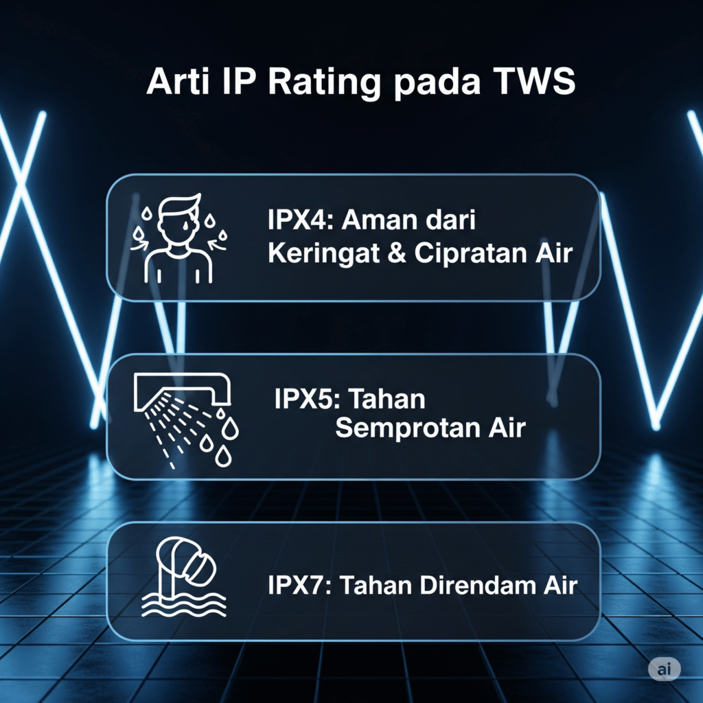 Infografis penjelasan arti rating IPX4, IPX5, dan IPX7 sebagai tips membeli TWS yang tahan keringat.